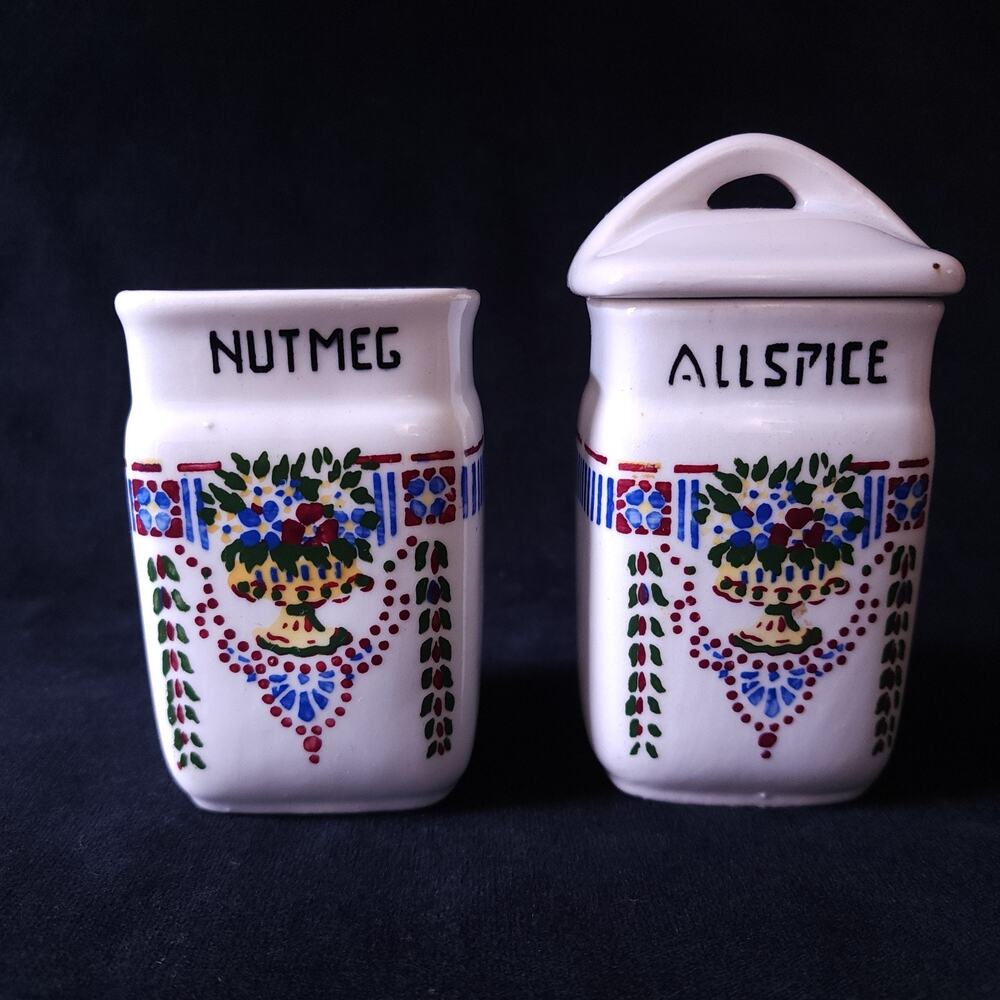 Vintage Czech Floral Ceramic Nutmeg Allspice Canister Czechoslovakia Flowers Set